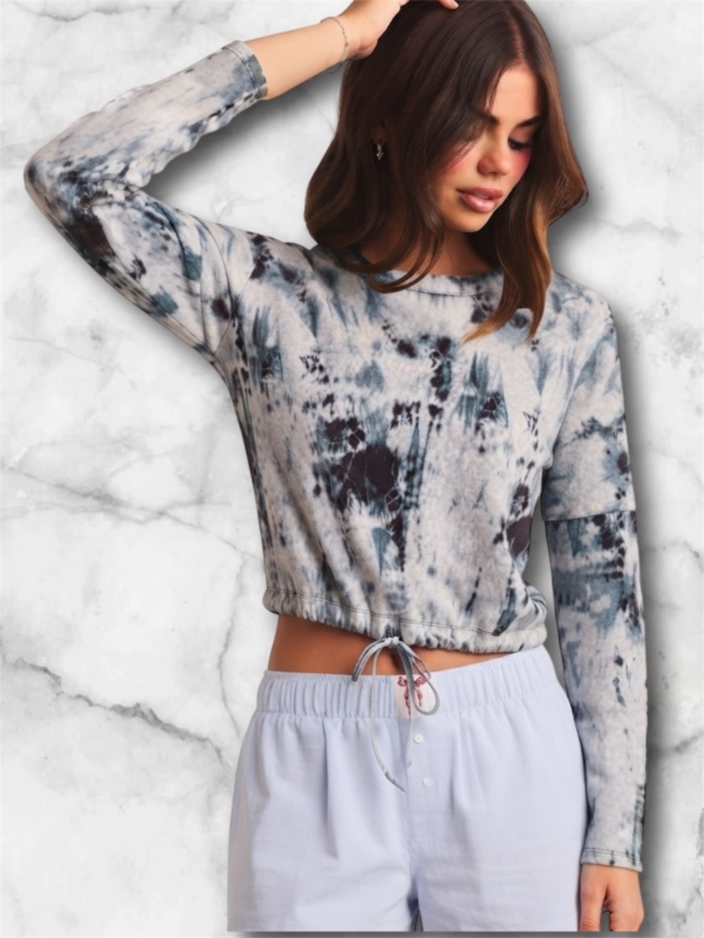 Liberty Love Soft Tie Dye Cropped Pullover Top Tie Front Blue Size M